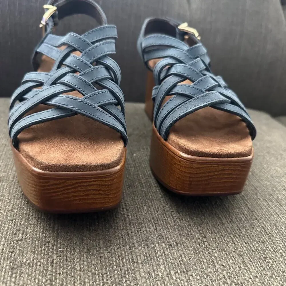 House of Harlow 1960 Women Blue Leather Strappy Platform Sandals Georgia 6.5M